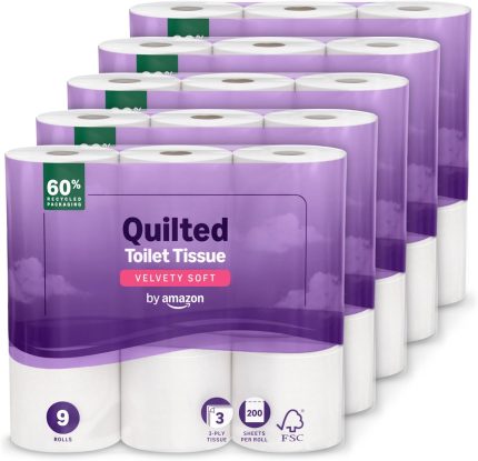 by Amazon Toilet Roll, 3-ply Quilted, Velvety Soft, 45 Rolls (5 Packs of 9), 200 Sheets per Roll, FSC Certified