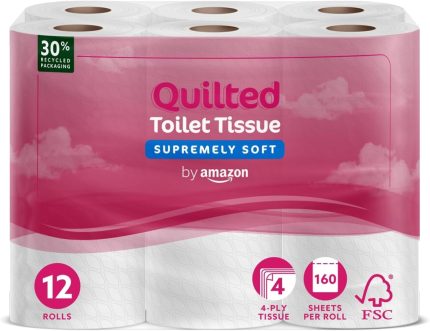 by Amazon 4-Ply Quilted Toilet Tissues, Unscented, 12 Rolls (1 Pack of 12), 160 Sheets per Roll